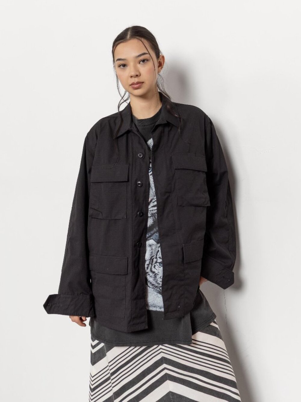 Vintage Black Canvas Utility Jacket, 90s Oversized Fit (Small)